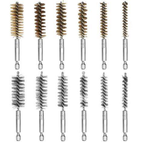 Lot de 12 brosses métalliques pour perceuse : 6 brosses en acier inoxydable et 6 brosses en cuivre, brosse cylindrique ronde avec tige hexagonale, brosse perforée pour polissage et dérouillage
