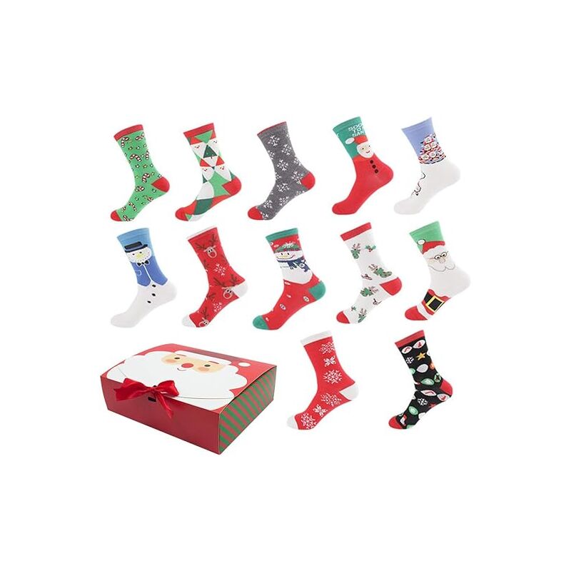 Lot de 12 chaussettes cadeaux pour les vacances de Noël avec boîte cadeau Chaussettes d'hiver chaudes Chaussettes pantoufles de vacances, 12 jours de