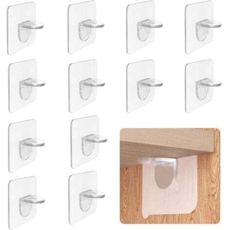 Lot de 12 chevilles de support d'étagère, supports de support d'étagère transparents Support d'étagère auto-adhésif en forme de L avec trou pour meuble, bibliothèque, étagère de placard (6 x 6 cm)
