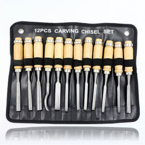 Lot de 12 ciseaux à bois professionnels avec étui de transport – Outils de sculpture sur bois parfaits pour les débutants en sculpture sur bois.