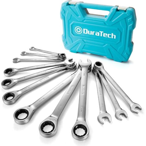 Lot de 12 Clés Plate à Cliquet 8-19 mm, Ensemble tête Fixe et Extrémité Ouverte, Métrique, Acier Cr-V, Organisé dans un Coffret Rangement -