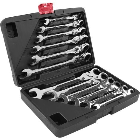 Lot de 12 Clés Plates, Clé Plate à Cliquet Mixtes Réglable, Jeu de Clés Mixtes avec Boîte à Outils, 8-19 mm Métrique Dent Clé Plate