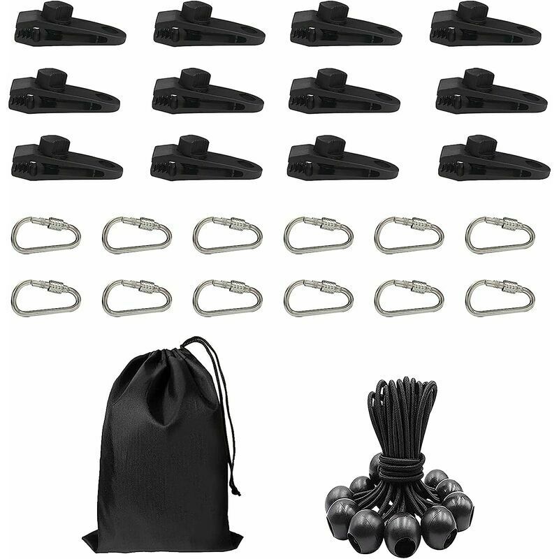 Start - Lot de 12 clips pour bâche, tente, bâche, 12 tendeurs en caoutchouc, corde élastique et 12 mousquetons en forme de d pour bâches, marquises,