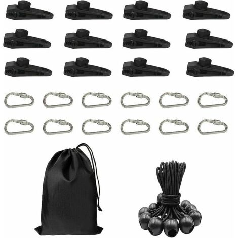 Lot de 12 clips pour bâche, tente, bâche, 12 tendeurs en caoutchouc, corde élastique et 12 mousquetons en forme de D pour bâches, marquises, camping en plein air, caravanes, auvents