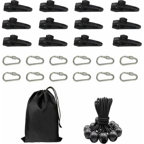 Lot de 12 clips pour bâche, tente, bâche, 12 tendeurs en caoutchouc, corde élastique et 12 mousquetons en forme de D pour bâches, marquises, camping en plein air, caravanes, auvents