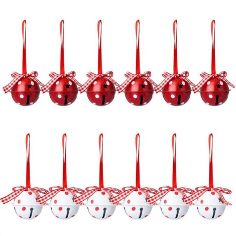 Lot de 12 cloches de Noël et grelots Décorations d'arbre de Noël Ornements suspendus à motif à pois Clochettes rouges et blanches