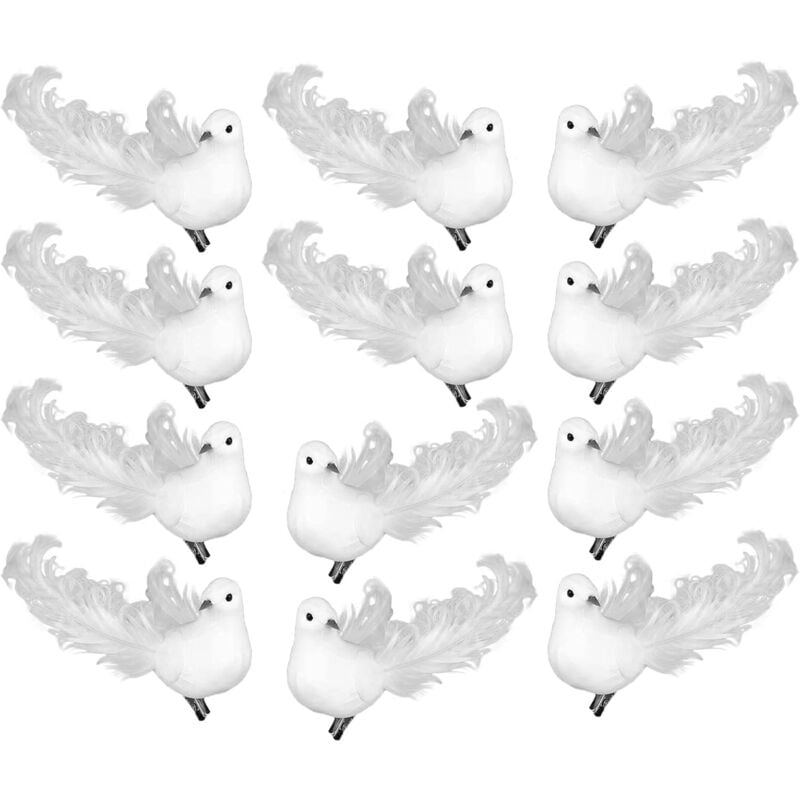Linghhang - Lot de 12 colombes blanches artificielles avec clips en métal, mini oiseaux à plumes blanches à clipser pour les travaux manuels, les