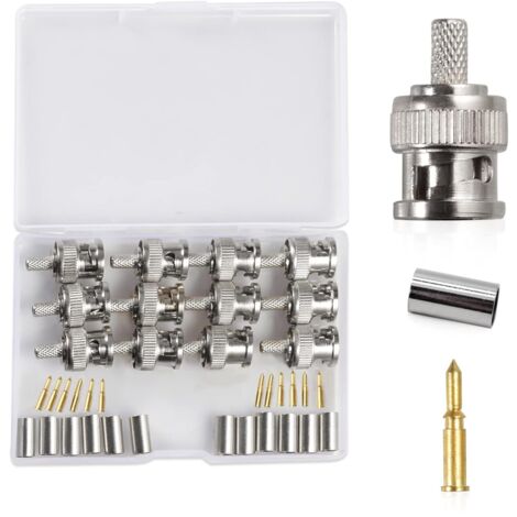 Lot de 12 connecteurs BNC RG58 mâles à sertir avec boîte de rangement, compatible avec câble coaxial RG58 pour antennes, appareils LAN sans fil, câble coaxial, Wi-Fi, radios, antenne externe