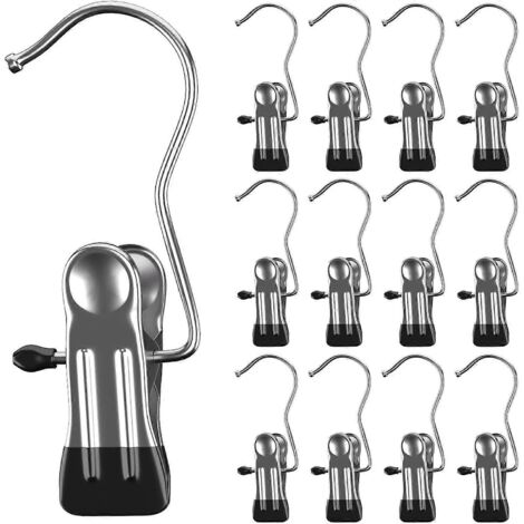 Lot de 12 crochets à linge avec pinces à bottes, crochets de suspension portables, organisateur de placard robuste en acier inoxydable