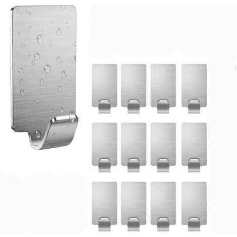 Lot de 12 crochets adhésifs en acier inoxydable, porte-serviettes, fixation murale, sans perçage, antirouille, idéal pour la salle de bain et la cuisine, couleur argent.