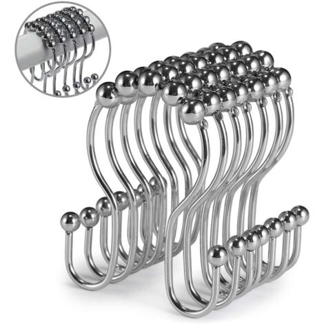 Lot de 12 crochets de rideau de douche en acier inoxydable antirouille avec double crochet coulissant anti-chute pour rideau de douche de salle de bain (chromé)