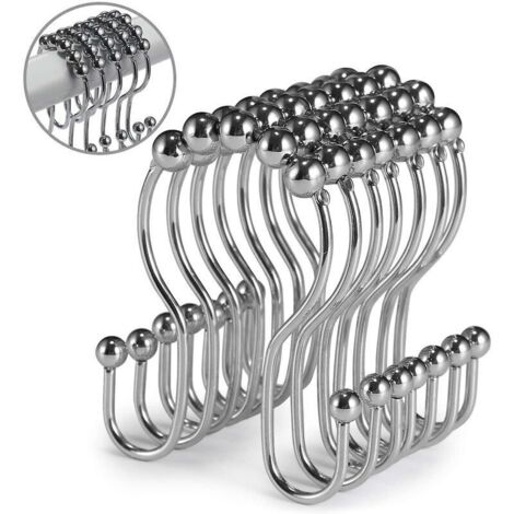 Lot de 12 crochets de rideau de douche en acier inoxydable antirouille avec double crochet coulissant anti-chute pour rideau de douche de salle de bain (chromé)