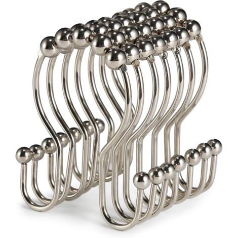 Lot de 12 Crochets de Rideau de Douche en Acier Inoxydable antirouille avec Double Crochet Coulissant Anti-Chute pour Rideau de Douche de Salle de Bain (Nickel)