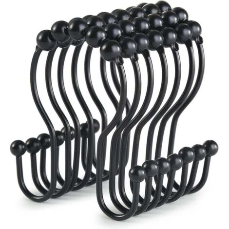 Lot de 12 crochets de rideau de douche noirs, anneaux de rideau de douche antirouille, anneaux de rideau de douche double couche, conception anti-chute coulissante (noir)