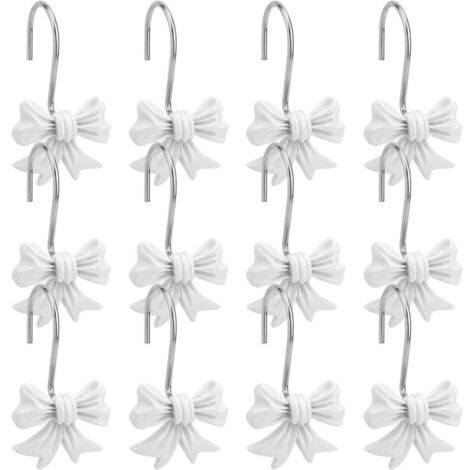 Lot de 12 Crochets Décoratifs pour Rideau de Douche avec Noud Papillon, Anneaux Métalliques pour Salle Bain Chambre Bébé Chambre d'enfant Décoration Artistique (Blanc)