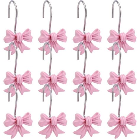 Lot de 12 Crochets Décoratifs pour Rideau de Douche avec Noud Papillon, Anneaux Métalliques pour Salle Bain Chambre Bébé Chambre d'enfant Décoration Artistique (Rose)