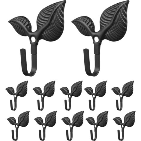 Lot de 12 Crochets Muraux Rustiques en Fer Forgé Noir Forme de Feuille