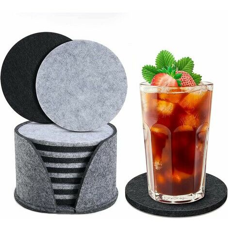 Lot de 12 dessous de verre en feutre pour verres (6 noirs + 6 gris) Lot de 12 sous-verres en verre ronds avec boîte de rangement pour verres, tasses chaudes, pots, tasses à thé