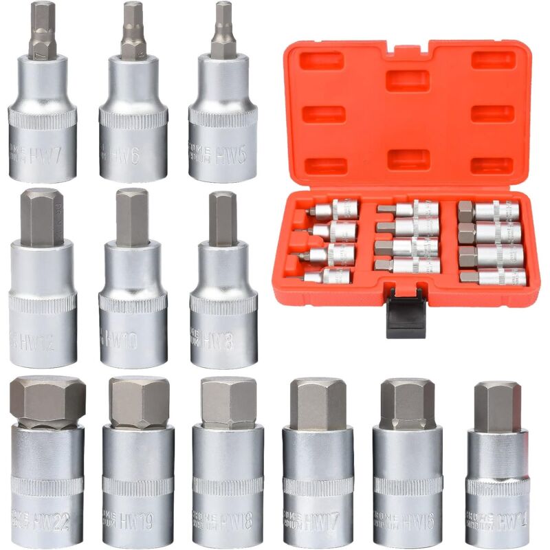 Lot de 12 embouts de tournevis Allen,Douille Allen,Adaptateur de douille interne hexagonale 5-22 mm,1/2' Hex Socket Set Premium S2 Alloy Steel Jeu de