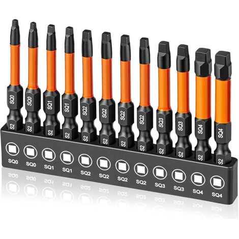 Lot de 12 embouts de tournevis carrés de 50 mm de long en acier S2 1/4" Embouts de tournevis carrés magnétiques pour visseuse sans fil Taille 0, 1, 2, 3 et 4