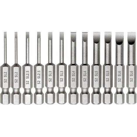 Lot de 12 embouts de visseuse à fente de 50 mm de long - Pour visseuse à percussion, tige hexagonale magnétique 1/4" - SL2/2,5/3/4/5/6