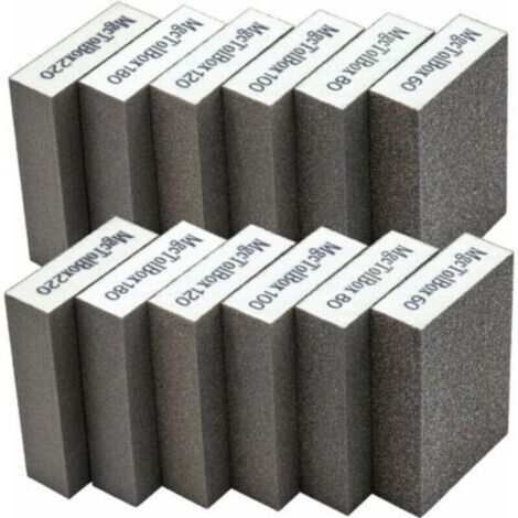 Lot de 12 éponges de ponçage lavables – Assortiment grains 60/80/100/120/180/220 – Pour polissage bois et métal – Utilisation humide et sèche - 12pcs