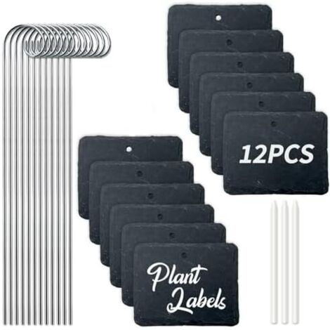 Lot de 12 Étiquettes Plantes Ardoise Rectangulaires avec Tige Métal, Imperméables Extérieur, Marqueurs Jardin Réutilisables Stylo Craie pour Herbes, Potager et Fleurs -