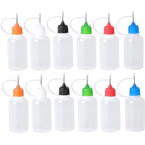 Lot de 12 flacons compte-gouttes de précision de 30 ml avec embout aiguille pour applicateur de colle et encre (noir, rouge, bleu, vert, orange, blanc, par lot de 2).