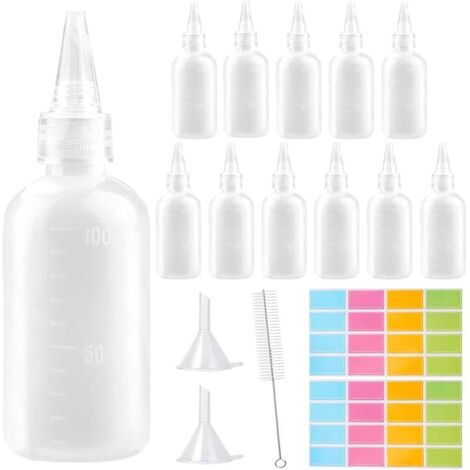 Lot de 12 flacons souples de 100 ml, flacon doseur, à sauce avec brosses de nettoyage, entonnoir autocollant,souples pour sauce de cuisine, sauces, huiles, pigments