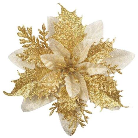 Lot de 12 fleurs de Noël à paillettes (15 cm) avec 12 poinsettia artificielles pour sapin de Noël(Doré)