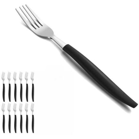 Lot de 12 fourchettes de table en acier inoxydable avec poignée noire, polies brillantes et passent lave-vaisselle, conviennent - sh
