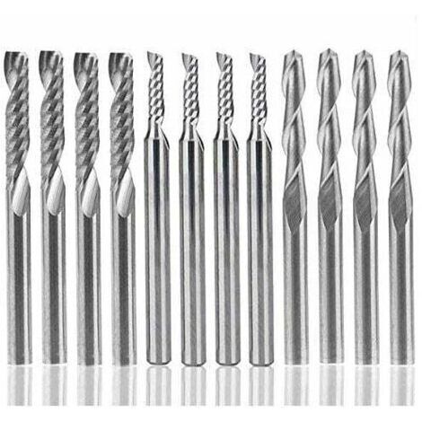 Lot de 12 fraises en carbure de tungstène, 4 fraises CNC 1/8" à double cannelure + 8 fraises en bout à bord unique (2 types) pour nylon, résine, ABS, acrylique, PVC, MDF, bois