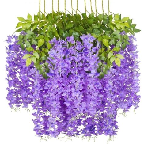 Lot de 12 glycines artificielles en rotin fausse glycine suspendue guirlande de fleurs guirlande en soie fleur de glycine pour décoration de mariage à la maison (violet, paquet de 12)