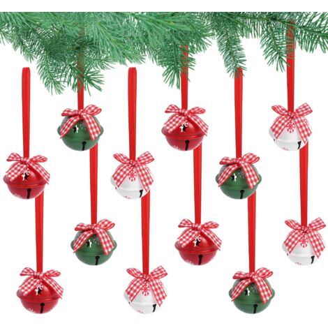 Lot De 12 Grandes Cloches De Noël En Métal Rouge, Blanc, Vert, Décorations De Sapin De Noël Avec Rubans, Cloches Décoratives À Suspendre Pour Loisirs Créatifs, Décoration De Noël, Flocon De Neige