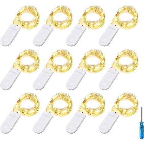lot de 12 guirlande lumineuse, 20 led, fil d'argent 2m, pile cr2032, intérieur extérieur, décoration noël mariage