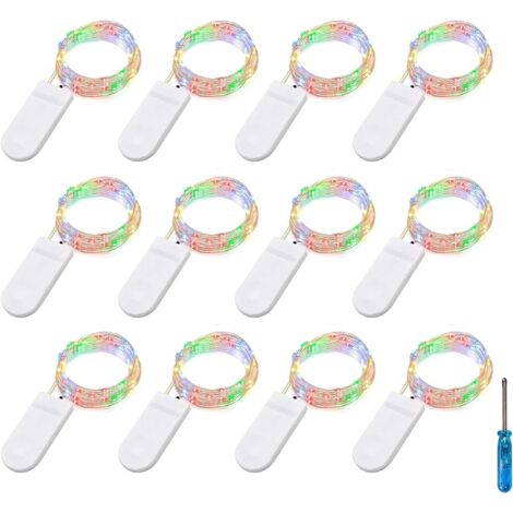 lot de 12 guirlande lumineuse, 20 led, fil d'argent 2m, pile cr2032, intérieur extérieur, noël mariage