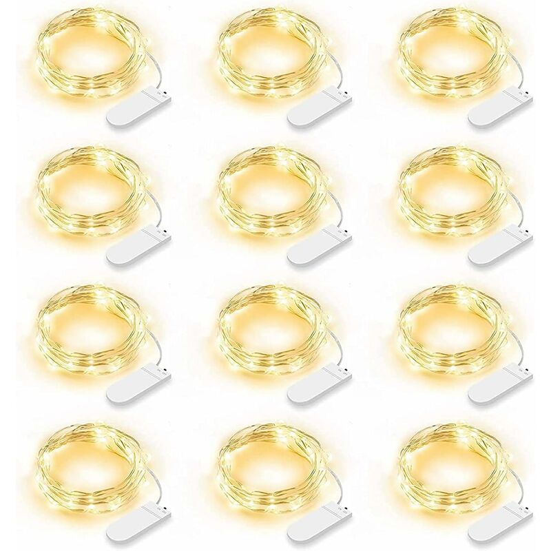 Lot de 12 Guirlande Lumineuse led, Guirlande Lumineuse à Piles 2m 20 LEDs Fée Chaîne Lumières Guirlande IP65 Étanche led Déco pour Chambre Noël