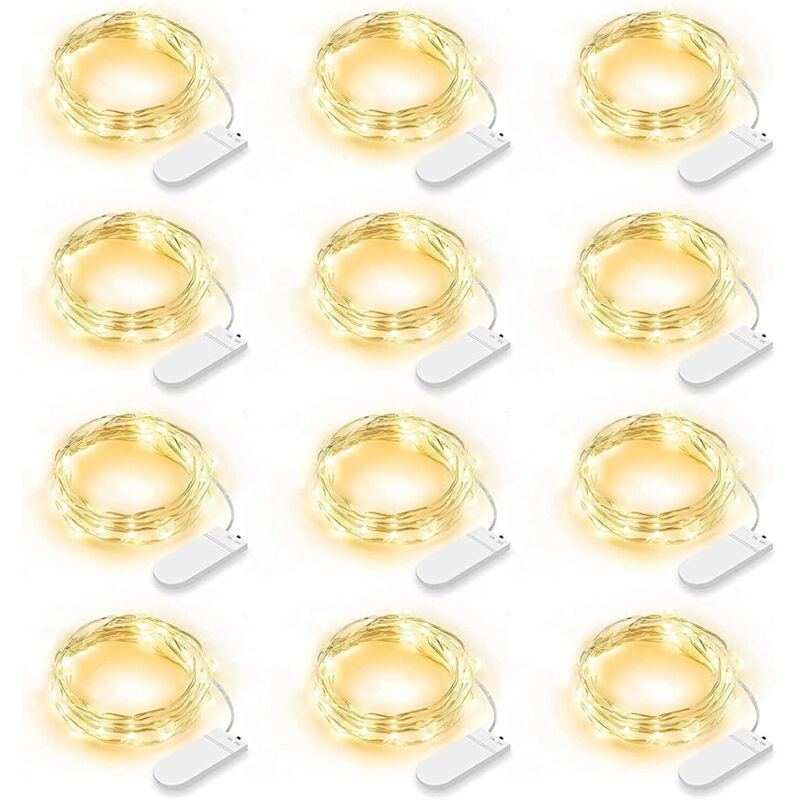 Lot de 12 Guirlande Lumineuse LED, Guirlande Lumineuse à Piles 2m 20 LEDs Fée Chaîne Lumières Guirlande IP65 Étanche LED Déco pour Chambre Noël