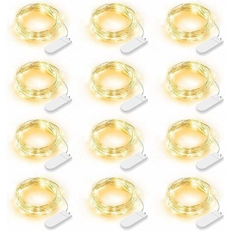 Lot de 12 Guirlande Lumineuse LED, Guirlande Lumineuse à Piles 2m 20 LEDs Fée Chaîne Lumières Guirlande IP65 Étanche LED Déco pour Chambre Noël Mariage Fête Jardin, Blanc Chaud (Blanc Chaud)