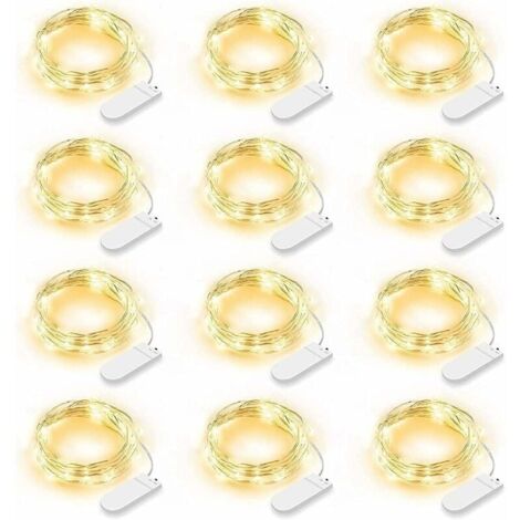 Lot de 12 Guirlande Lumineuse LED, Guirlande Lumineuse à Piles 2m 20 LEDs Fée Chaîne Lumières Guirlande IP65 Étanche LED Déco pour Chambre Noël Mariage Fête Jardin, Blanc Chaud (Blanc Chaud)