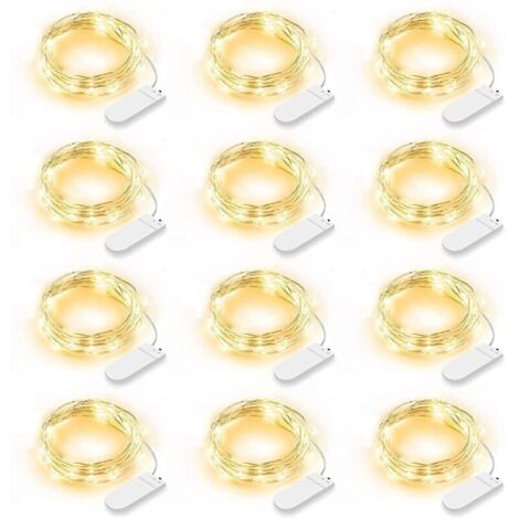 Lot de 12 Guirlande Lumineuse LED, Guirlande Lumineuse à Piles 2m 20 LEDs Fée Chaîne Lumières Guirlande IP65 Étanche LED Déco pour Chambre Noël Mariage Fête Jardin, Blanc Chaud (Blanc Chaud)