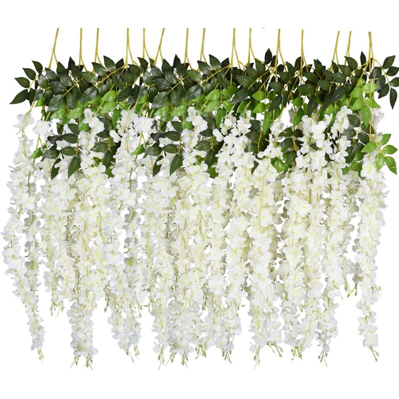 Coocheer - Guirlande de fleurs artificielles en rotin, 12 pièces, 110 cm, pour décoration de fête, mariage, maison, blanc