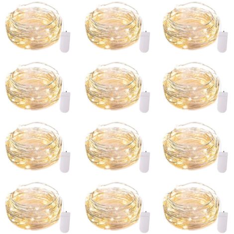 Lot de 12 guirlandes lumineuses LED à piles, fil argenté étanche, 2,1 m, 20 LED, lucioles, lune étoilée, pour mariage, chambre, terrasse, Noël (lot de 12, blanc chaud)