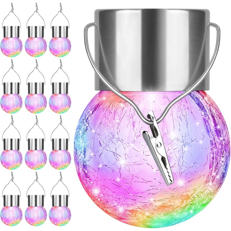 Lot de 12 lampes solaires à suspendre pour l'extérieur – Lampes solaires en verre brisé étanches LED décoratives en forme de globe pour arbre avec