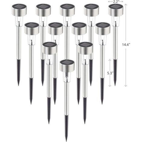 Lot de 12 lampes solaires pour allée, en acier inoxydable IP44, étanches, marche/arrêt automatiques, éclairages solaires extérieurs pour jardin, cour, terrasse, allée et allée. (Blanc froid)
