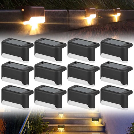 Lot de 12 lumières solaires extérieures éclairage étanches pour jardin terrasse chemins clôture escalier balcon decoration, , lumière blanche et chaude(noir)