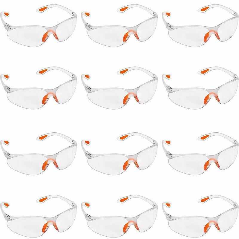 Lot de 12 Lunettes de Sécurité Transparentes - Lunettes de Protection avec Verres en Plastique, Pont-de-Nez et Embouts de Branches en Caoutchouc pour