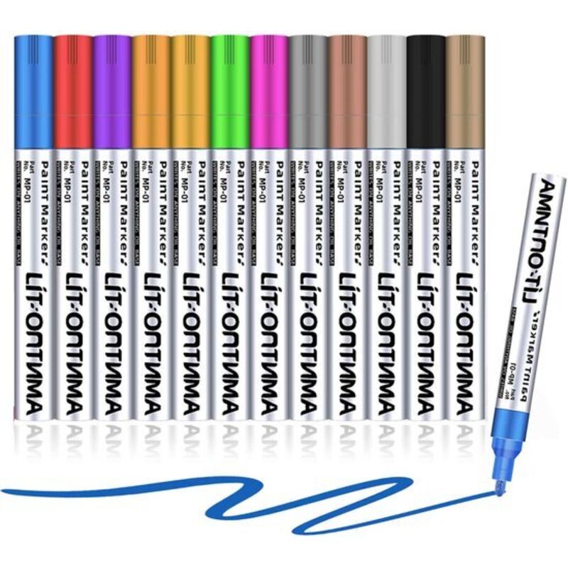 Lot de 12 marqueurs permanents imperméables pour peindre sur pierre, métal, plastique, tasses, bois, céramique et pneus - 12 couleurs