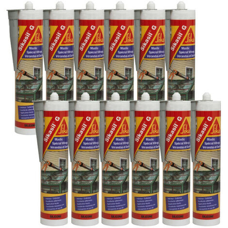 Lot de 12 mastics élastique silicone pour joints d'étanchéité - SIKA Sikasil G - Gris - 300ml