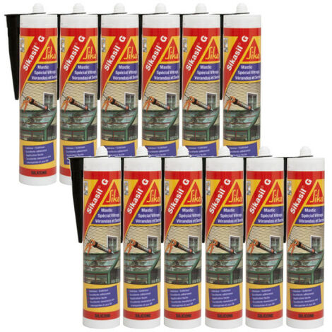 Lot de 12 mastics élastique silicone - SIKA Sikasil G - Noir - 300ml